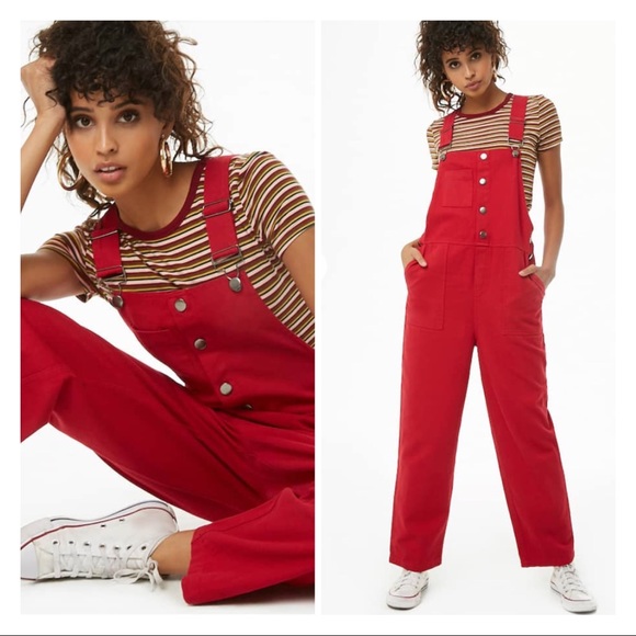 Forever 21 Denim - Forever 21 Red Button-Front Denim Overalls